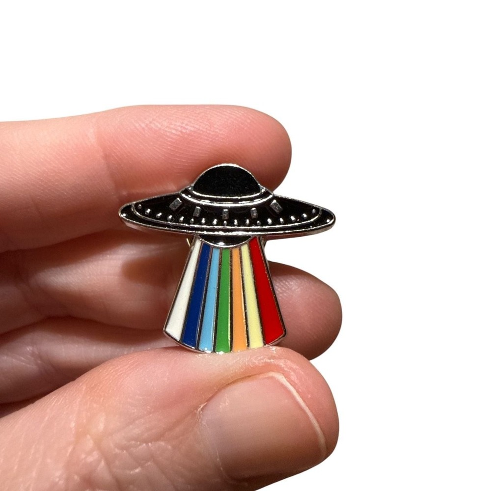 LGBTQ+ Pride Black UFO With Rainbow Beam Enamel Pin Alien Spaceship Lapel Pin